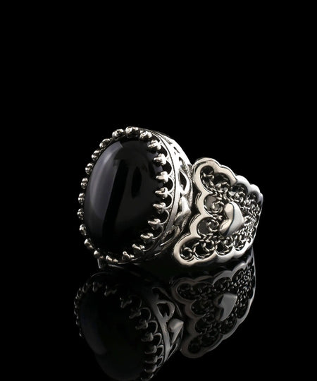 Black Onyx Gemstone Double Heart Detailed Filigree Art 925 Sterling Silver Women Statement Ring - Drakoi Marketplace