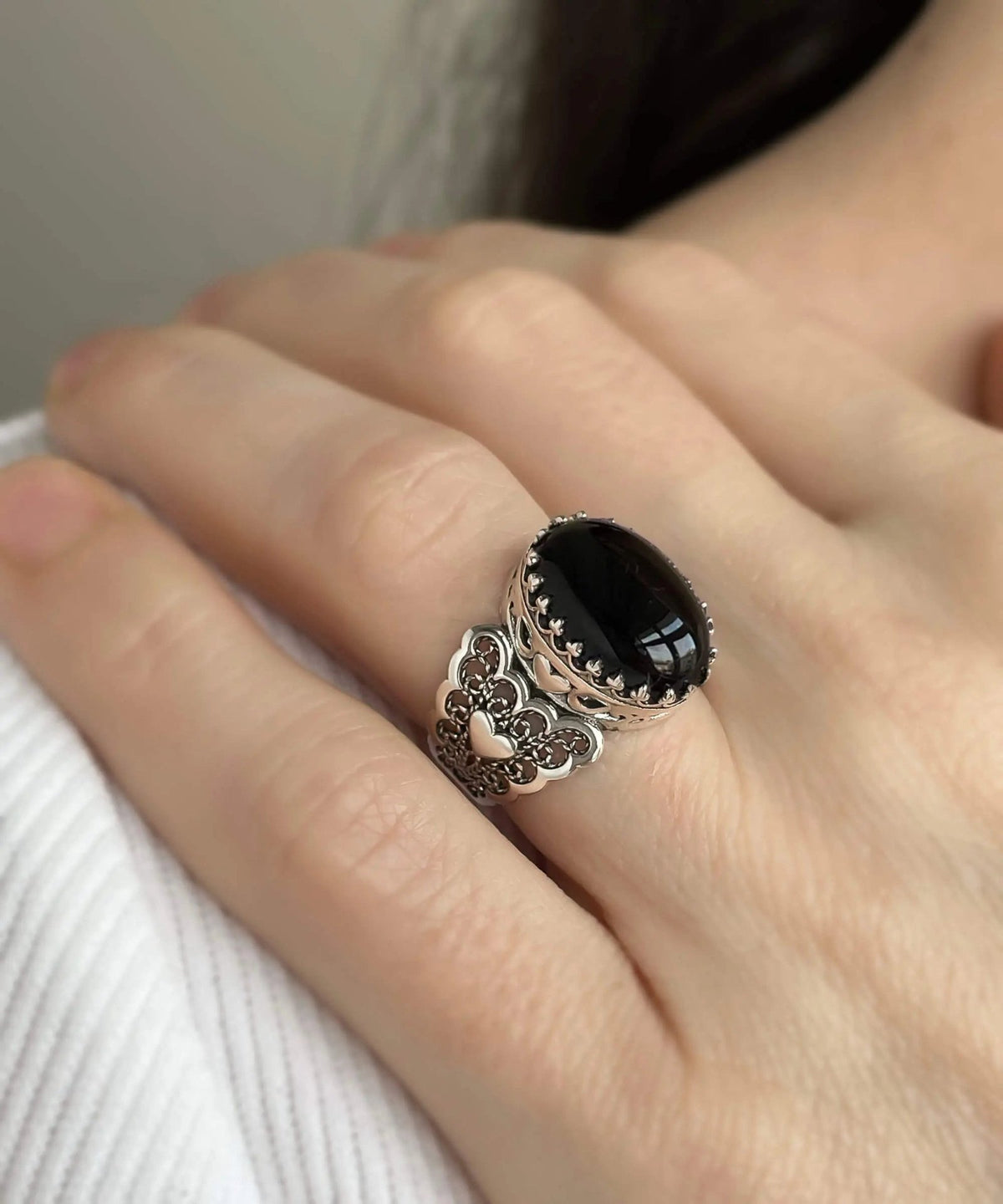 Black Onyx Gemstone Double Heart Detailed Filigree Art 925 Sterling Silver Women Statement Ring - Drakoi Marketplace