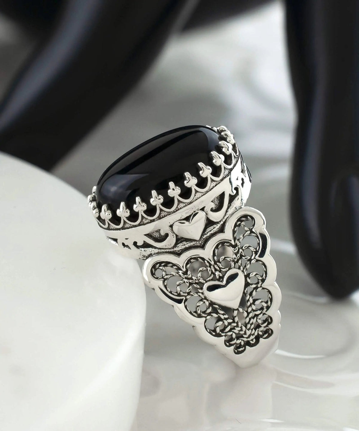 Black Onyx Gemstone Double Heart Detailed Filigree Art 925 Sterling Silver Women Statement Ring - Drakoi Marketplace