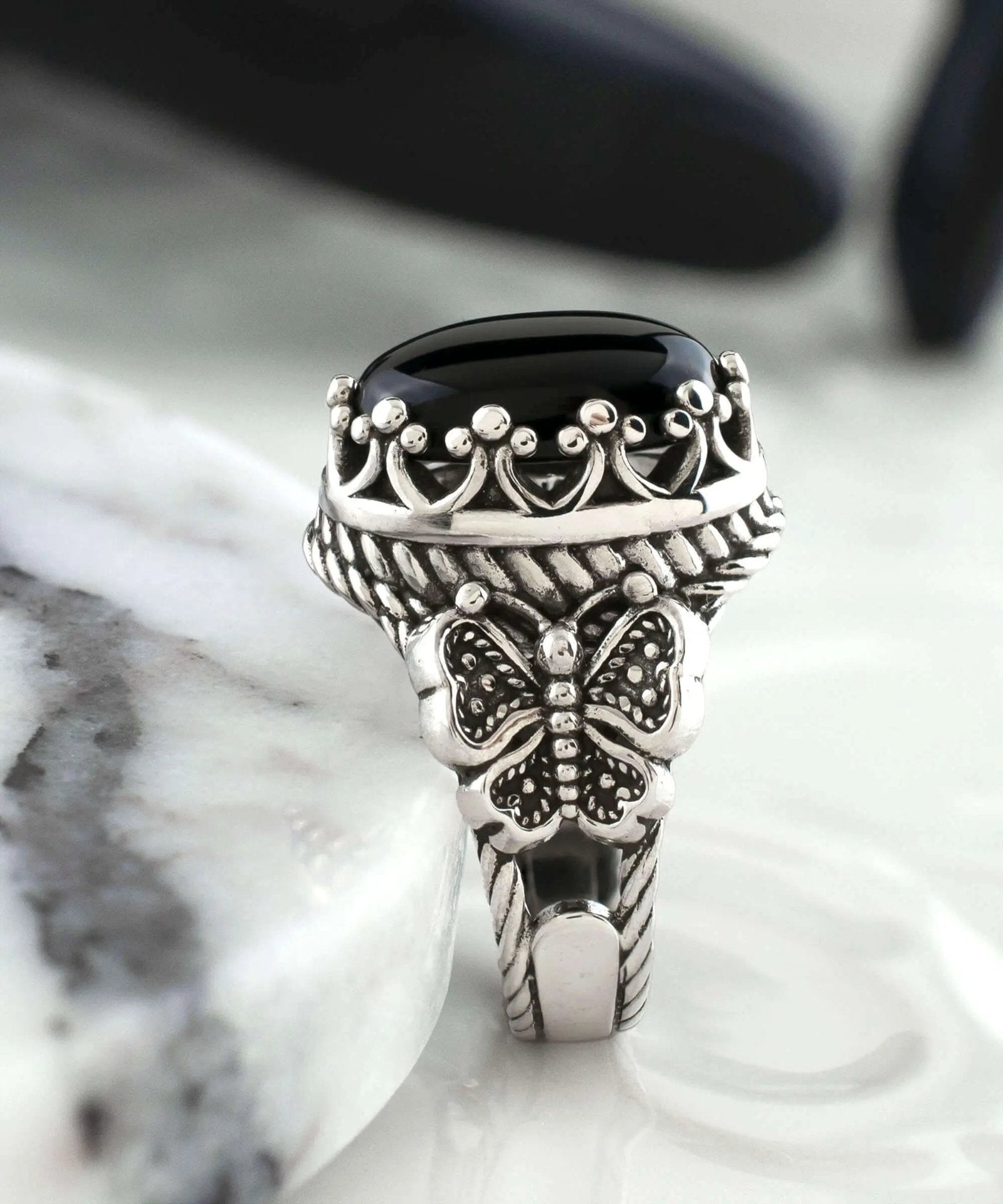 Black Onyx Gemstone Filigree Art Double Butterfly Detailed Women Silver Statement Ring - Drakoi Marketplace