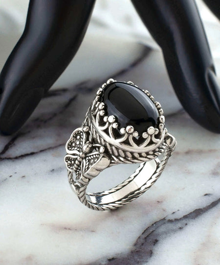 Black Onyx Gemstone Filigree Art Double Butterfly Detailed Women Silver Statement Ring - Drakoi Marketplace