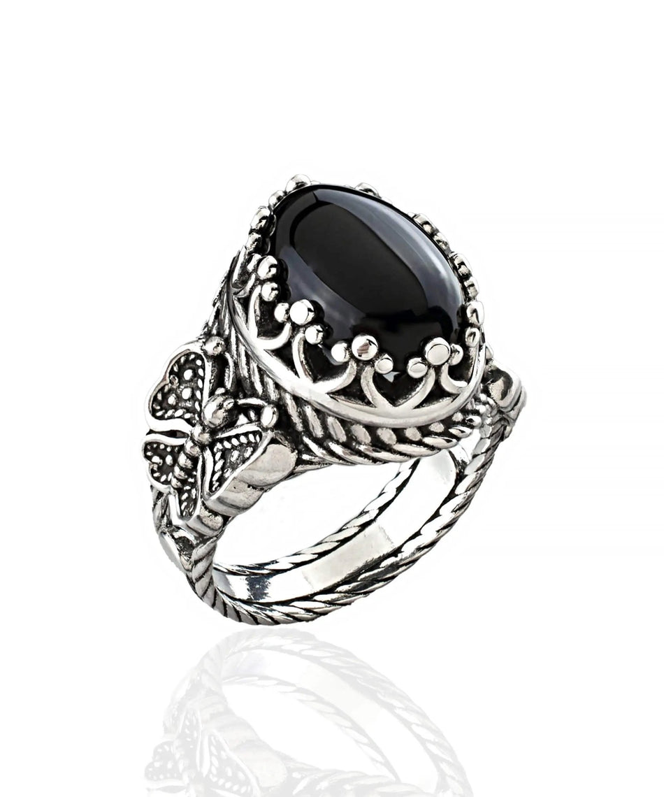 Black Onyx Gemstone Filigree Art Double Butterfly Detailed Women Silver Statement Ring - Drakoi Marketplace