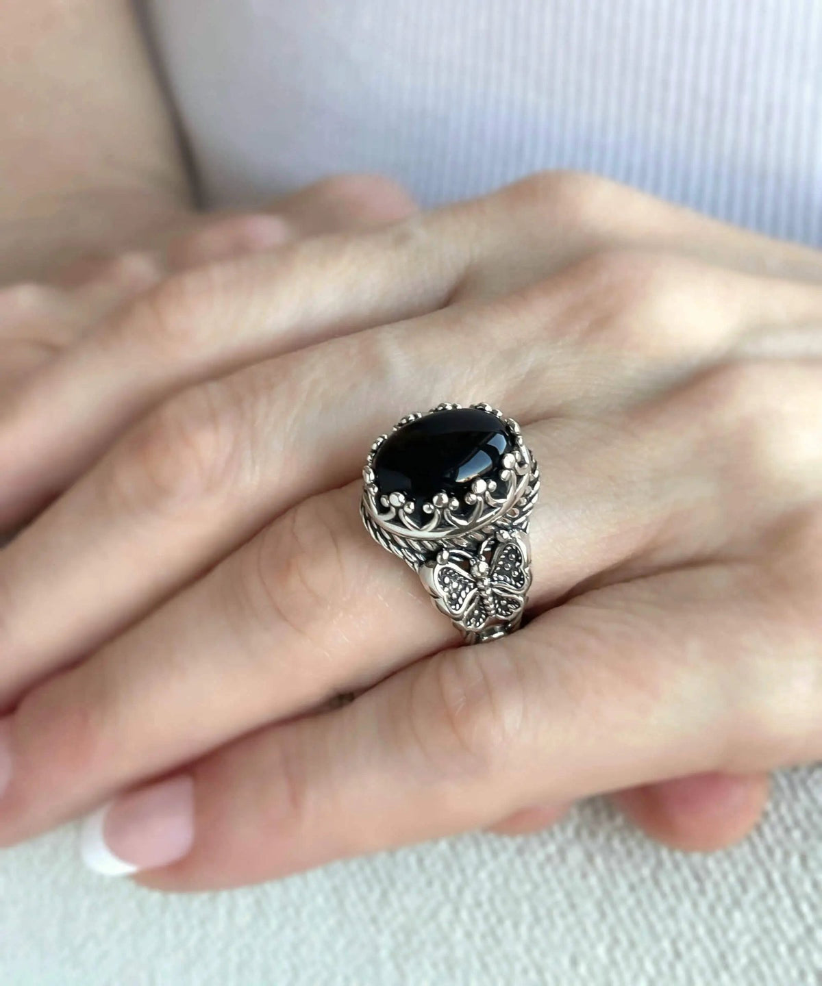 Black Onyx Gemstone Filigree Art Double Butterfly Detailed Women Silver Statement Ring - Drakoi Marketplace