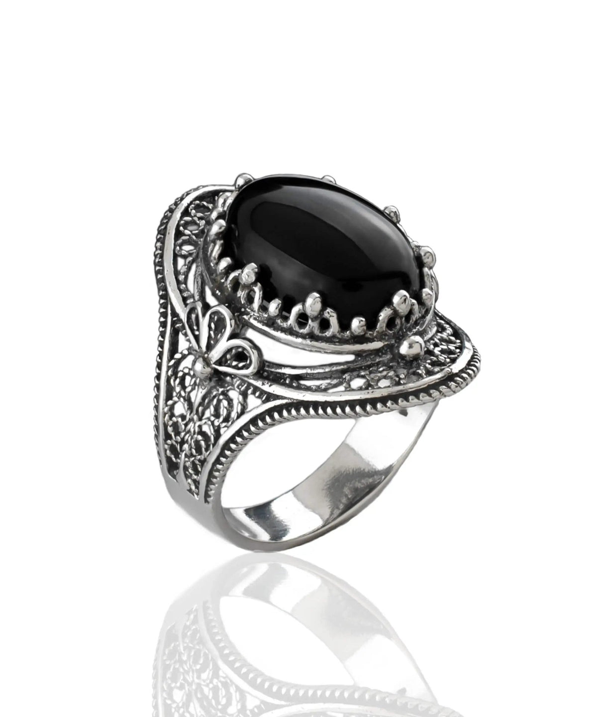 Black Onyx Gemstone Filigree Art Woman Silver Statement Ring - Drakoi Marketplace