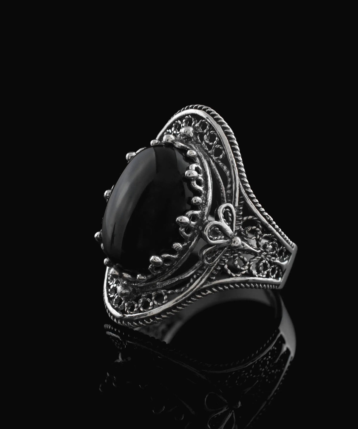 Black Onyx Gemstone Filigree Art Woman Silver Statement Ring - Drakoi Marketplace