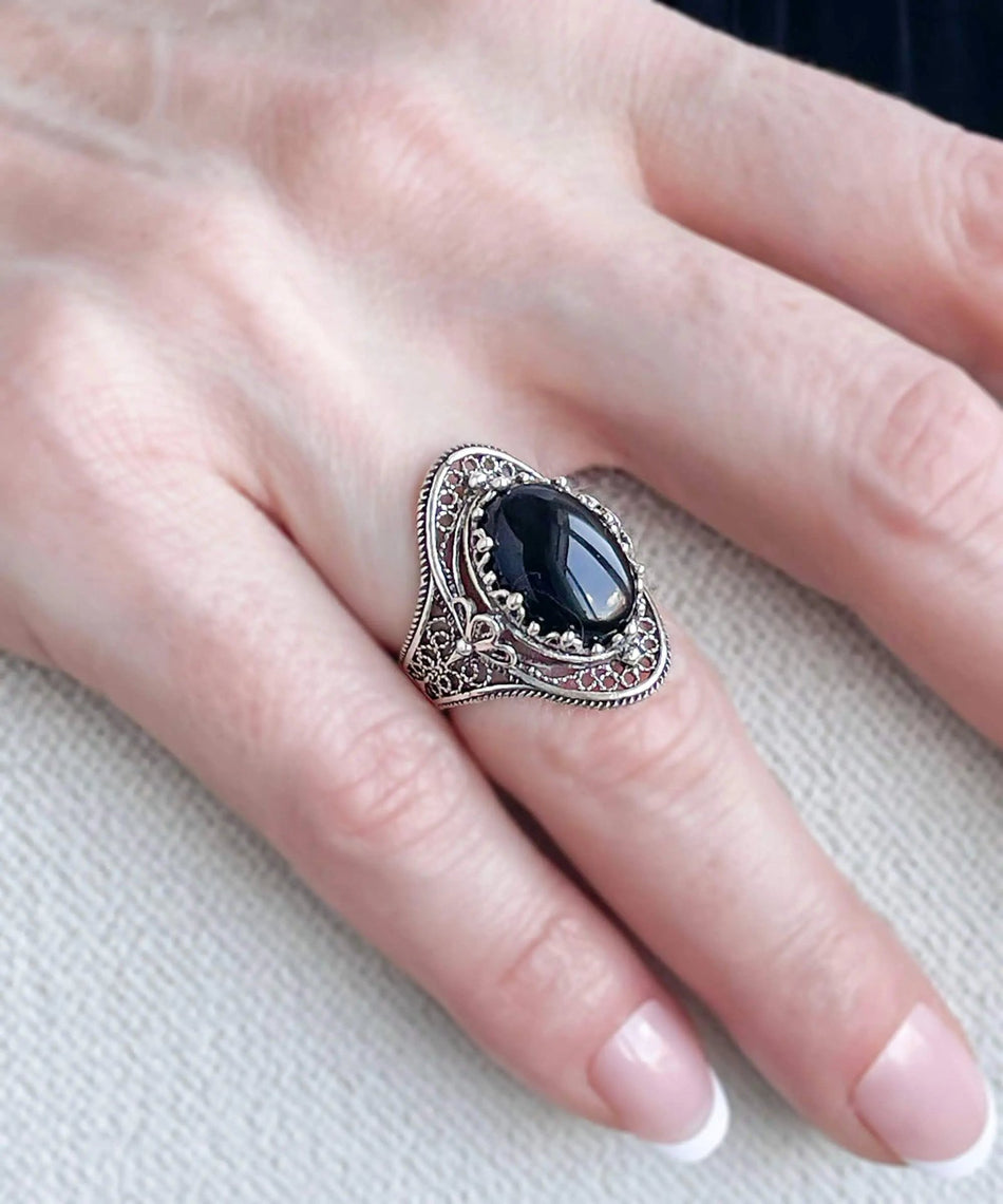 Black Onyx Gemstone Filigree Art Woman Silver Statement Ring - Drakoi Marketplace