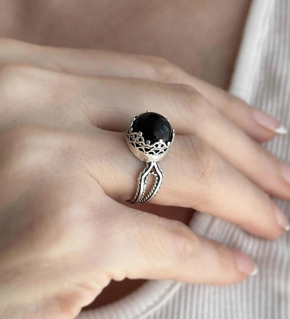 Black Onyx Gemstone Filigree Art Women Sterling Silver Cocktail Ring - Drakoi Marketplace