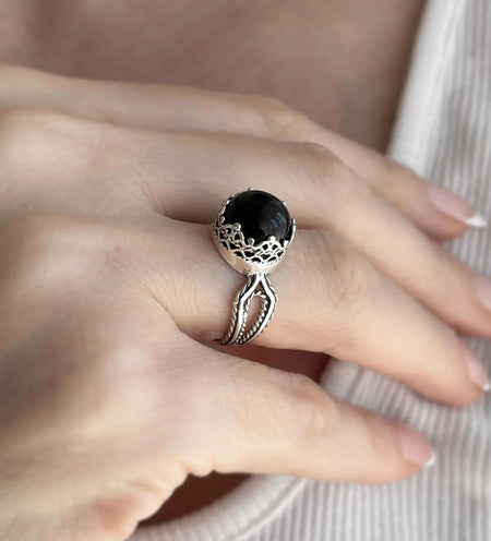 Black Onyx Gemstone Filigree Art Women Sterling Silver Cocktail Ring - Drakoi Marketplace