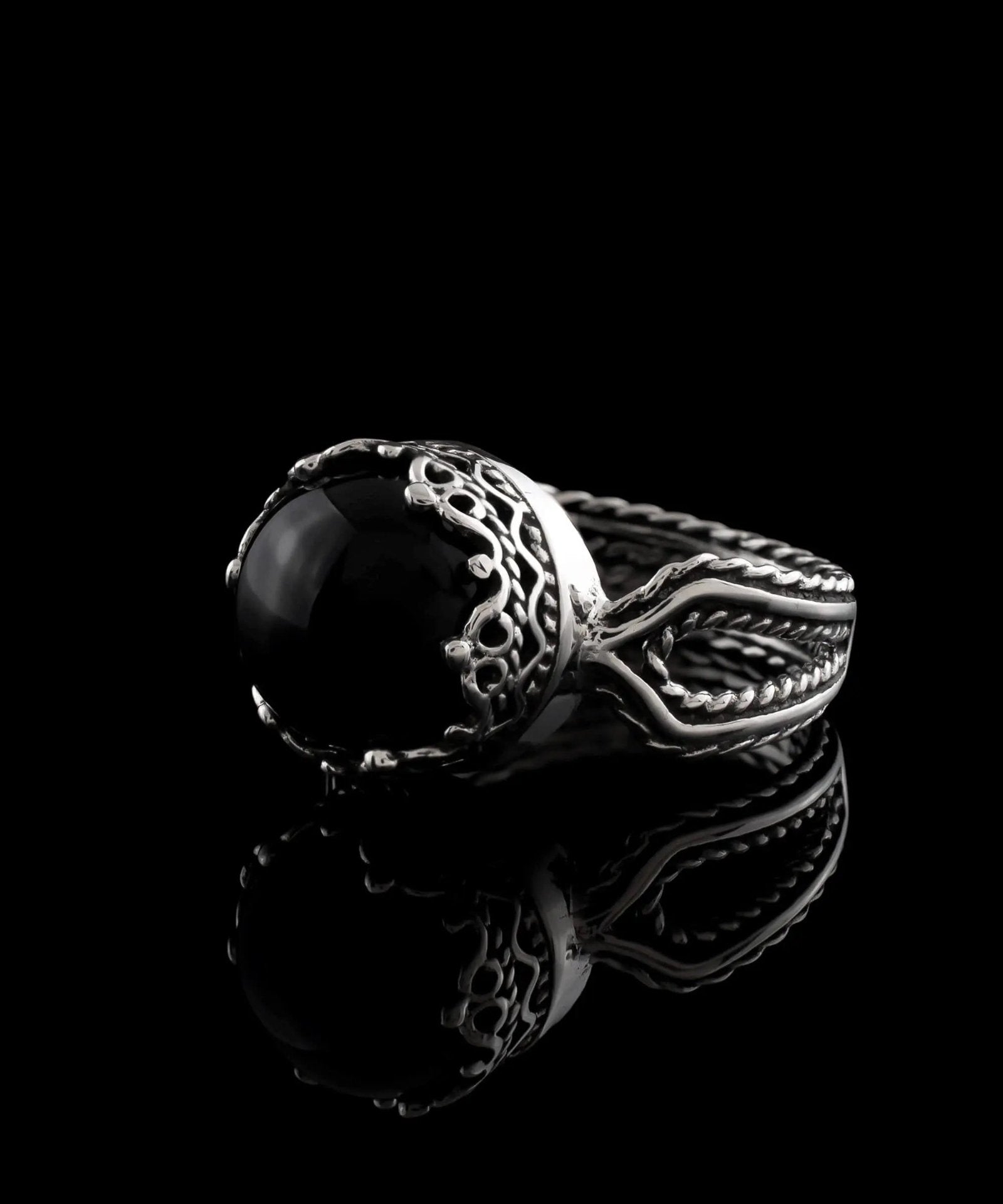 Black Onyx Gemstone Filigree Art Women Sterling Silver Cocktail Ring - Drakoi Marketplace