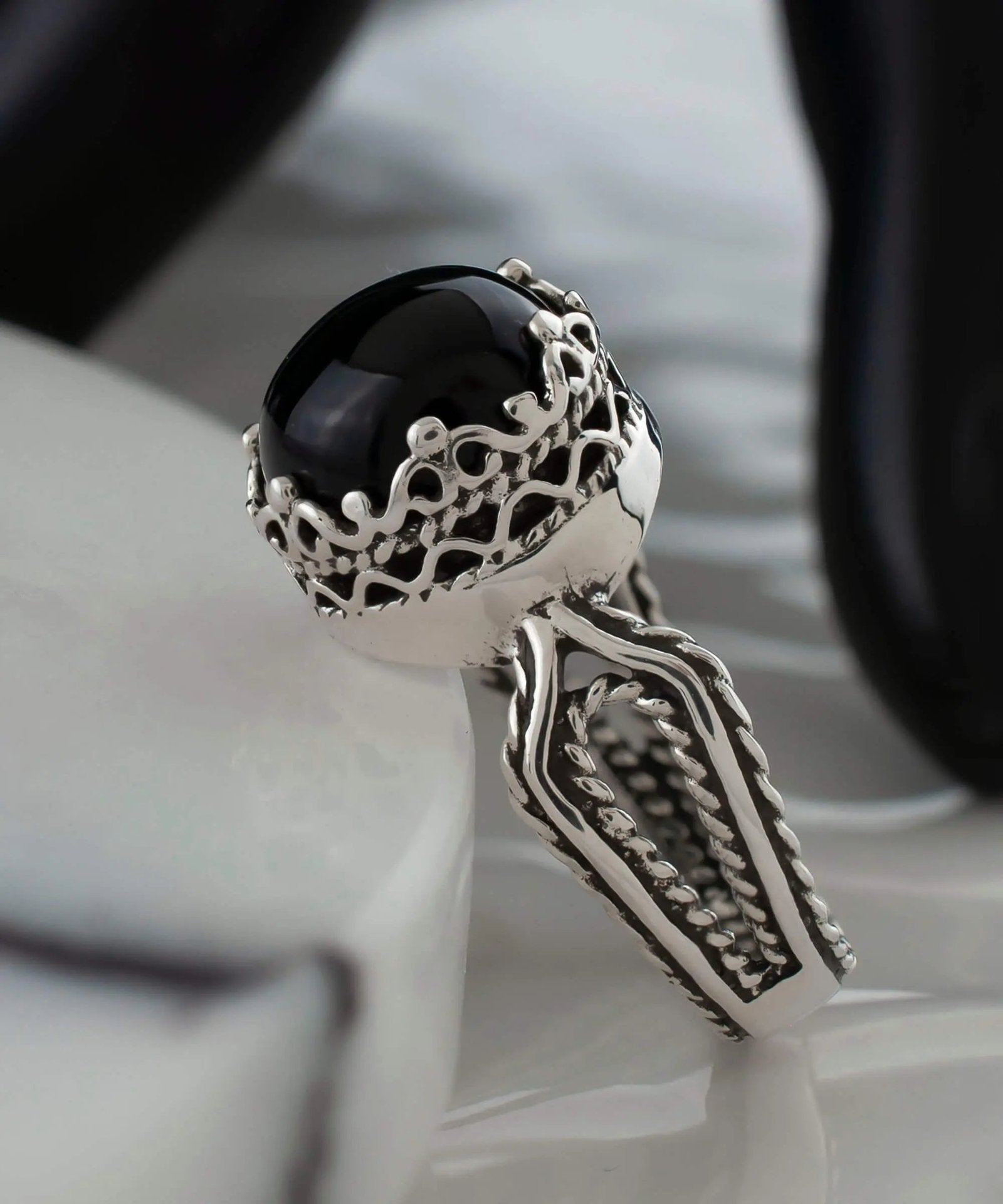 Black Onyx Gemstone Filigree Art Women Sterling Silver Cocktail Ring - Drakoi Marketplace