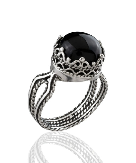 Black Onyx Gemstone Filigree Art Women Sterling Silver Cocktail Ring - Drakoi Marketplace