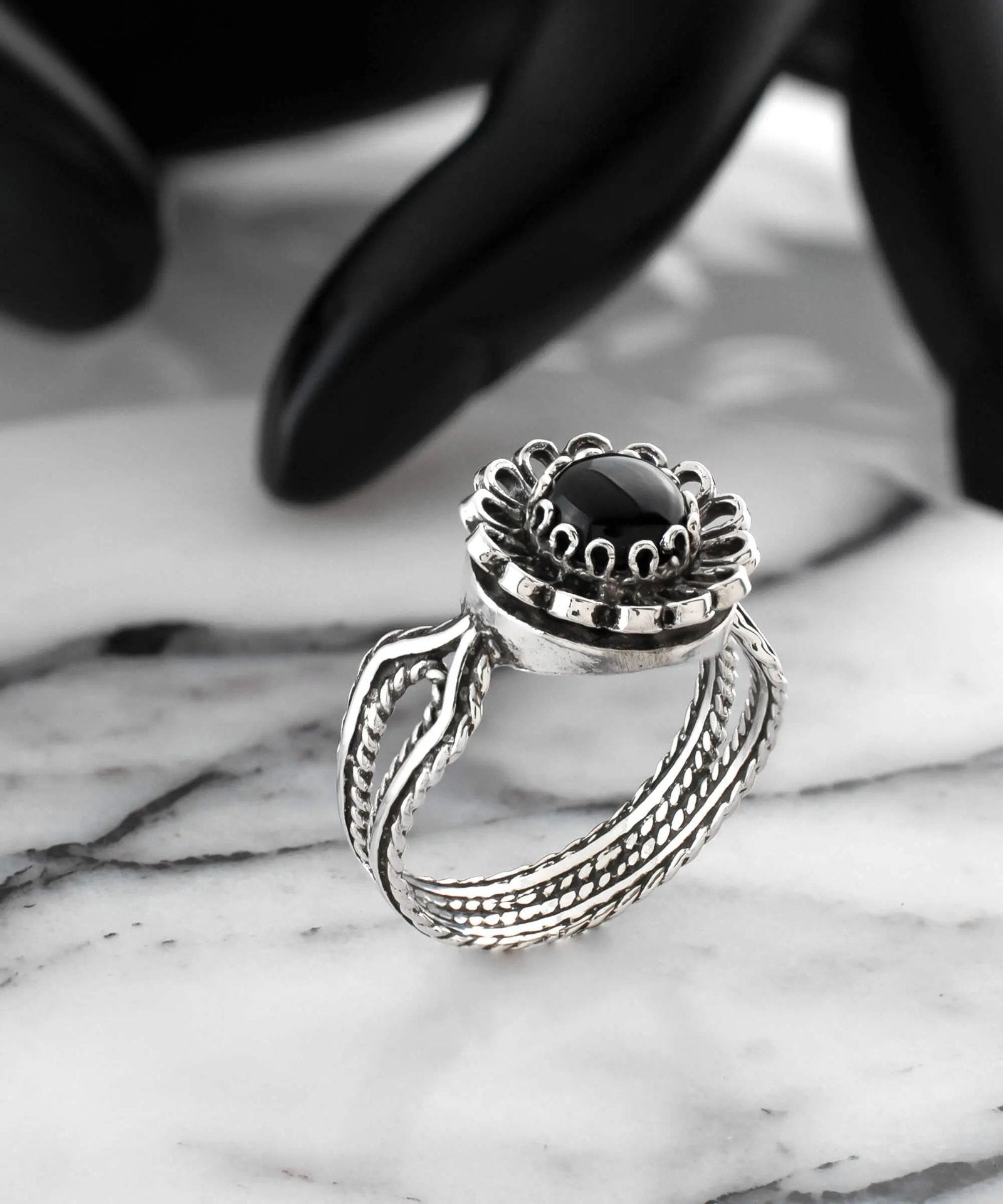 Black Onyx Gemstone Sterling Silver Women Cocktail Ring - Drakoi Marketplace