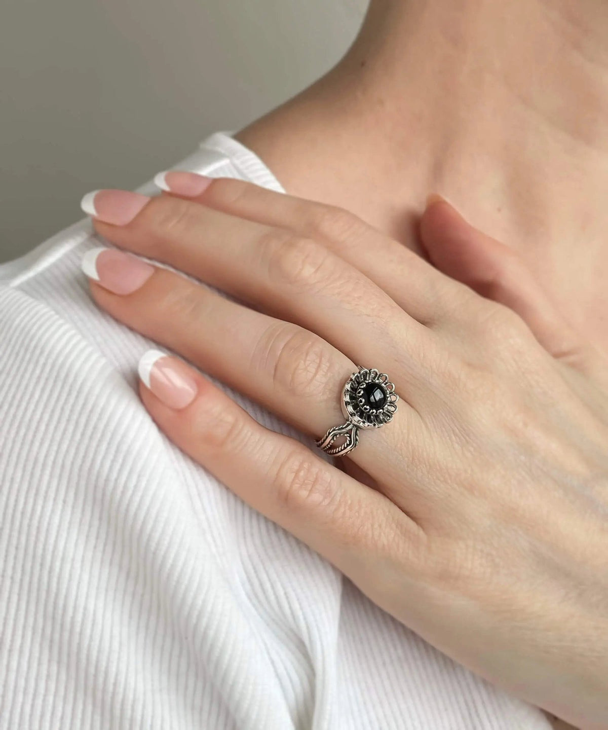 Black Onyx Gemstone Sterling Silver Women Cocktail Ring - Drakoi Marketplace