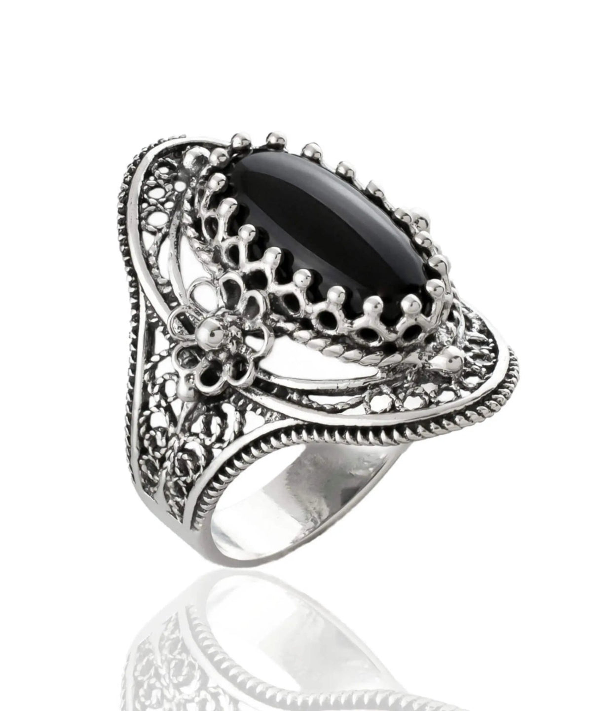 Black Onyx Gemstone Sterling Silver Women Statement Ring with Daisy Figures - Drakoi Marketplace