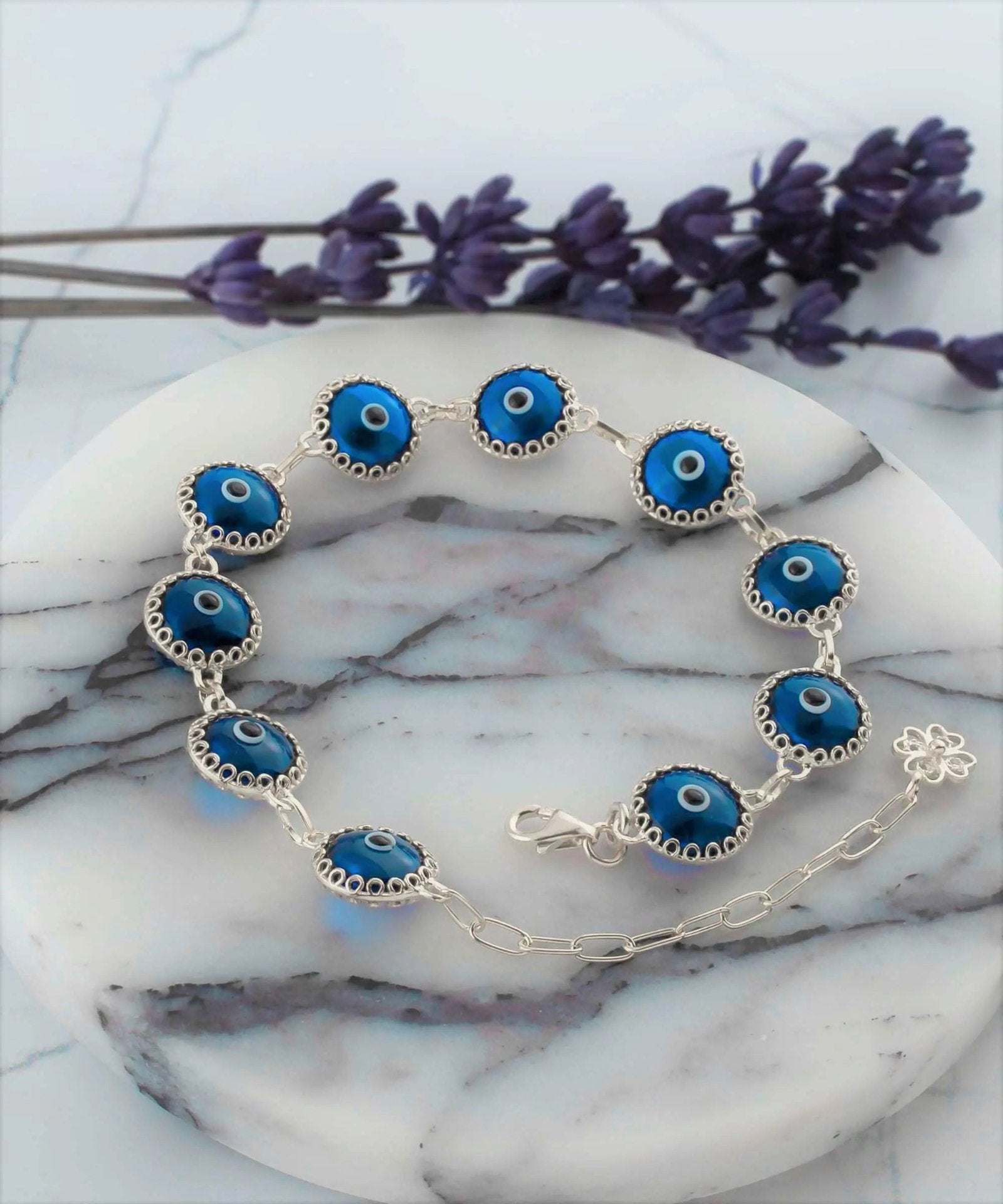 Blue Evil Eye Sterling Silver Woman Adjustable Link Bracelet - Drakoi Marketplace