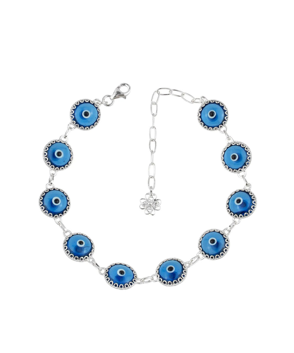 Blue Evil Eye Sterling Silver Woman Adjustable Link Bracelet - Drakoi Marketplace