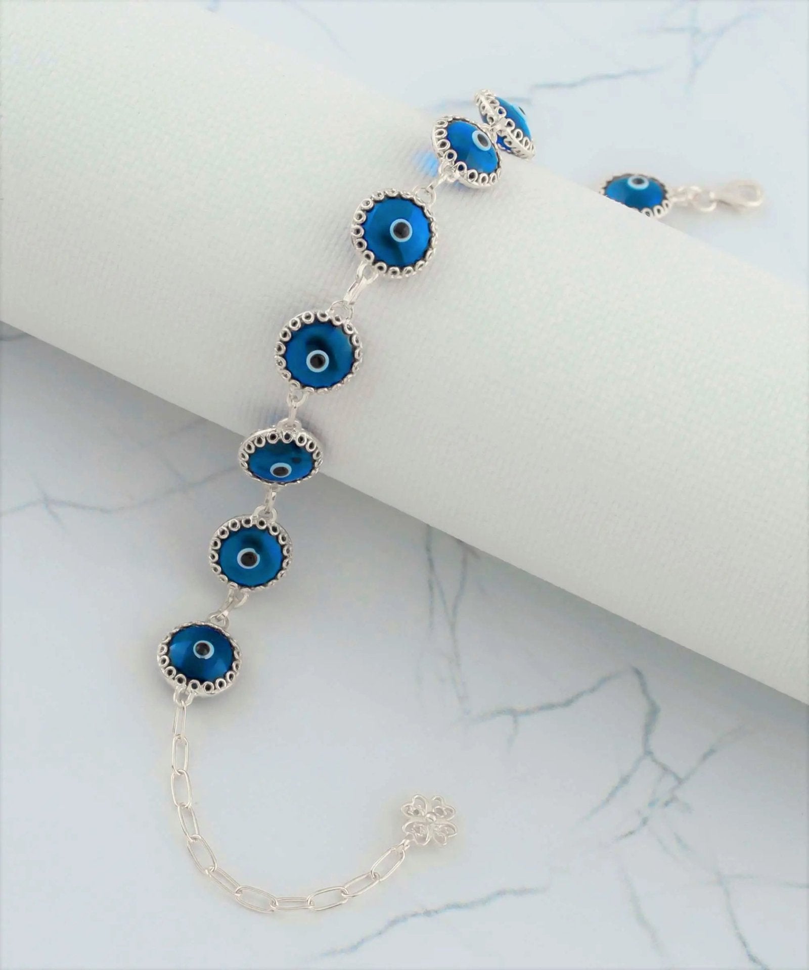 Blue Evil Eye Sterling Silver Woman Adjustable Link Bracelet - Drakoi Marketplace