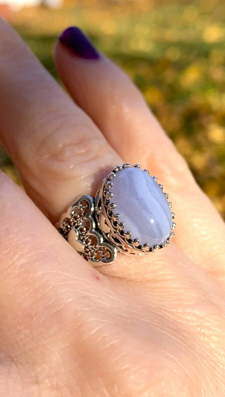 Blue Lace Agate Gemstone Double Heart Detailed Filigree Art 925 Sterling Silver Women Statement Ring - Drakoi Marketplace