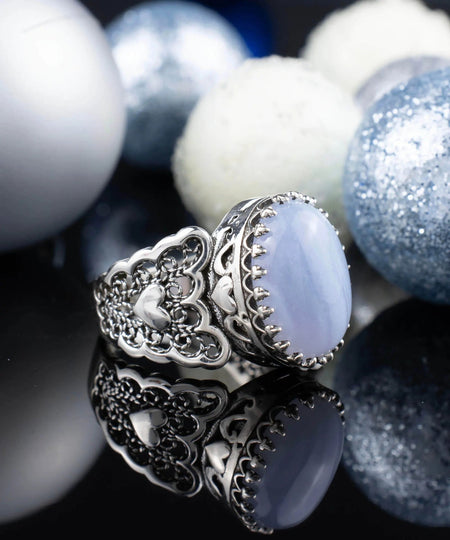 Blue Lace Agate Gemstone Double Heart Detailed Filigree Art 925 Sterling Silver Women Statement Ring - Drakoi Marketplace