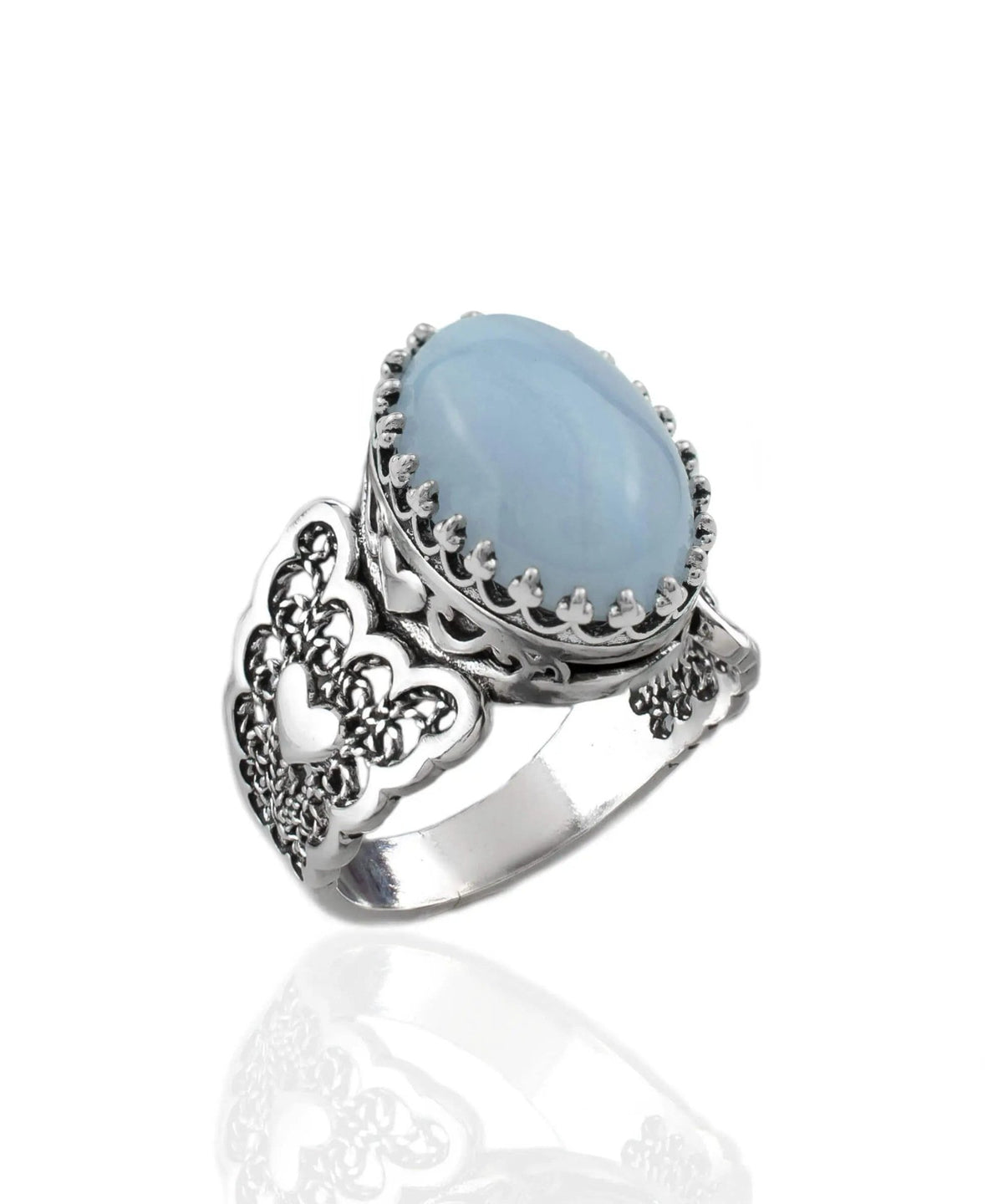 Blue Lace Agate Gemstone Double Heart Detailed Filigree Art 925 Sterling Silver Women Statement Ring - Drakoi Marketplace