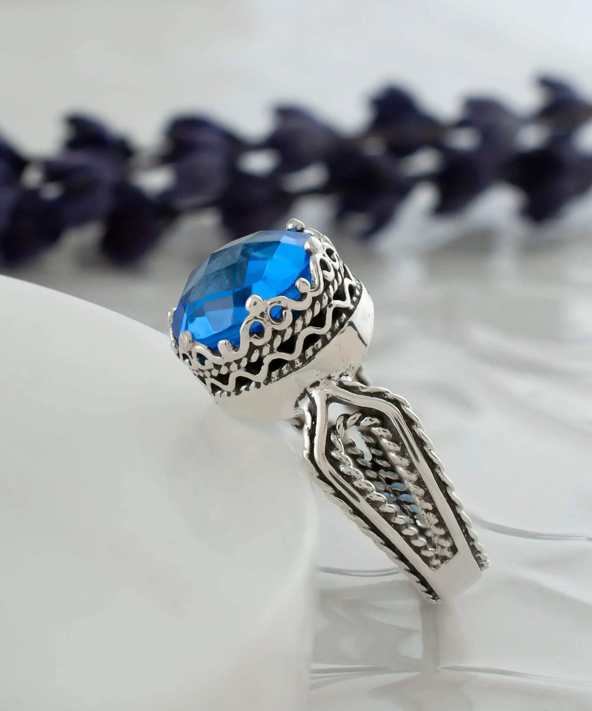 Blue Quartz Gemstone Filigree Art Women Sterling Silver Cocktail Ring - Drakoi Marketplace