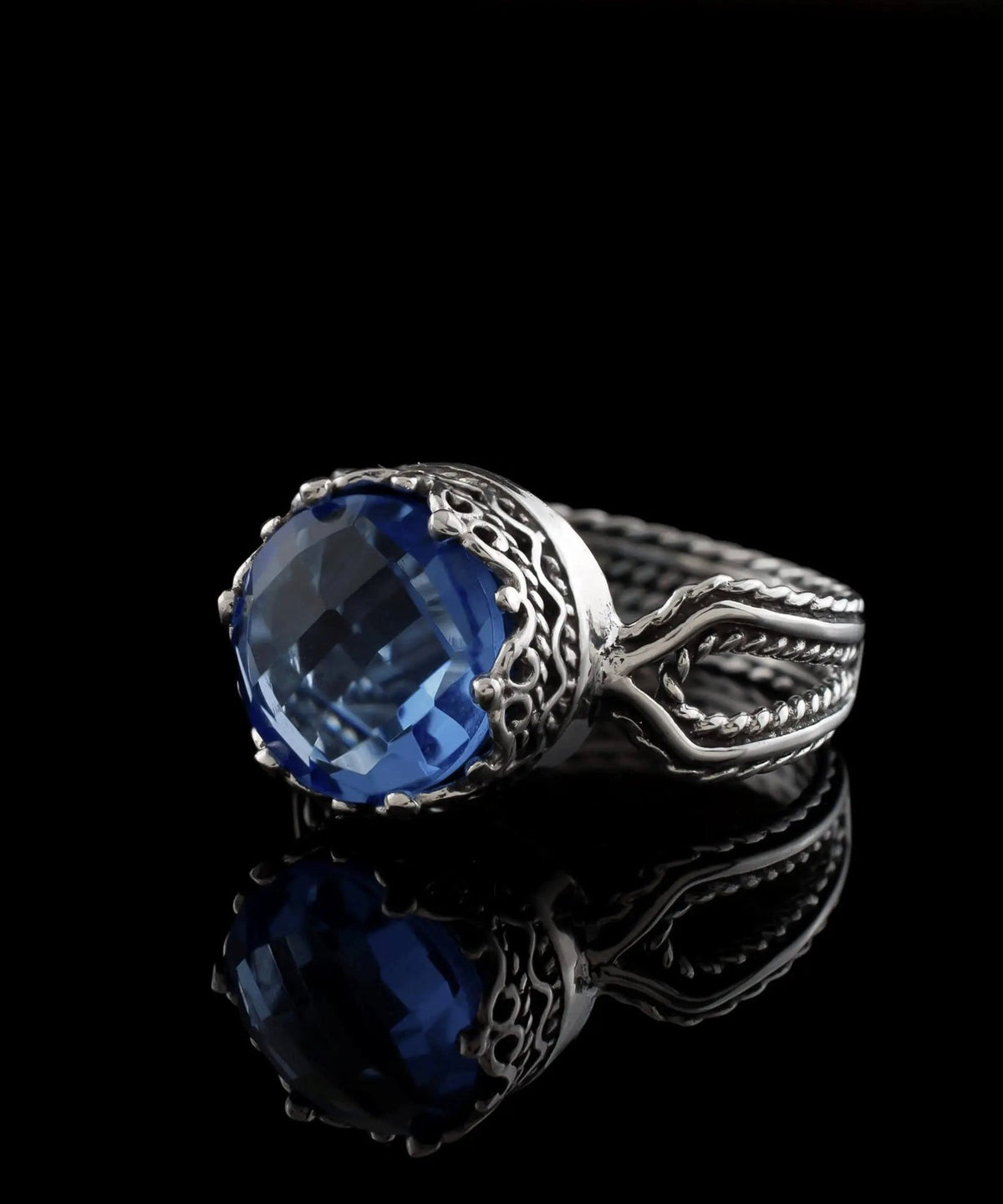 Blue Quartz Gemstone Filigree Art Women Sterling Silver Cocktail Ring - Drakoi Marketplace