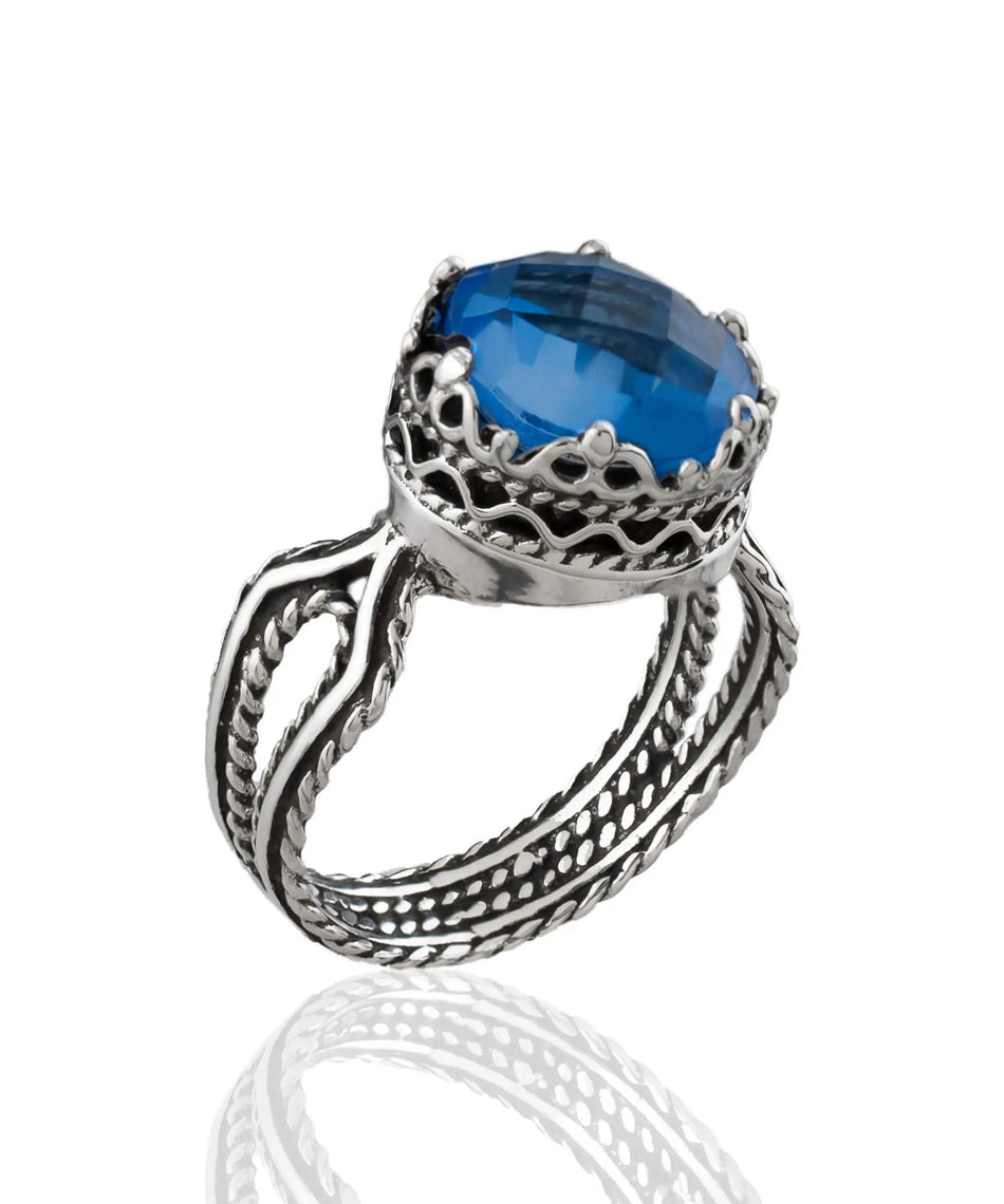 Blue Quartz Gemstone Filigree Art Women Sterling Silver Cocktail Ring - Drakoi Marketplace