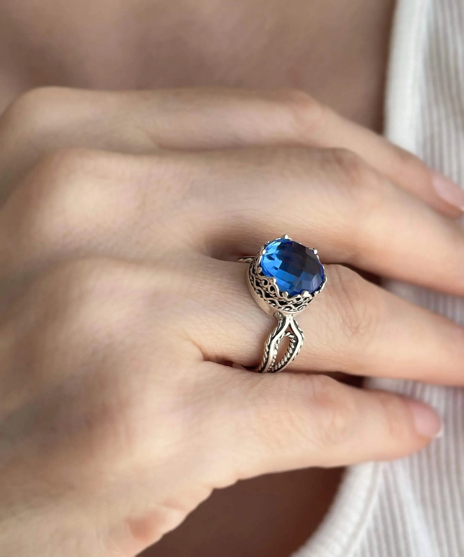 Blue Quartz Gemstone Filigree Art Women Sterling Silver Cocktail Ring - Drakoi Marketplace