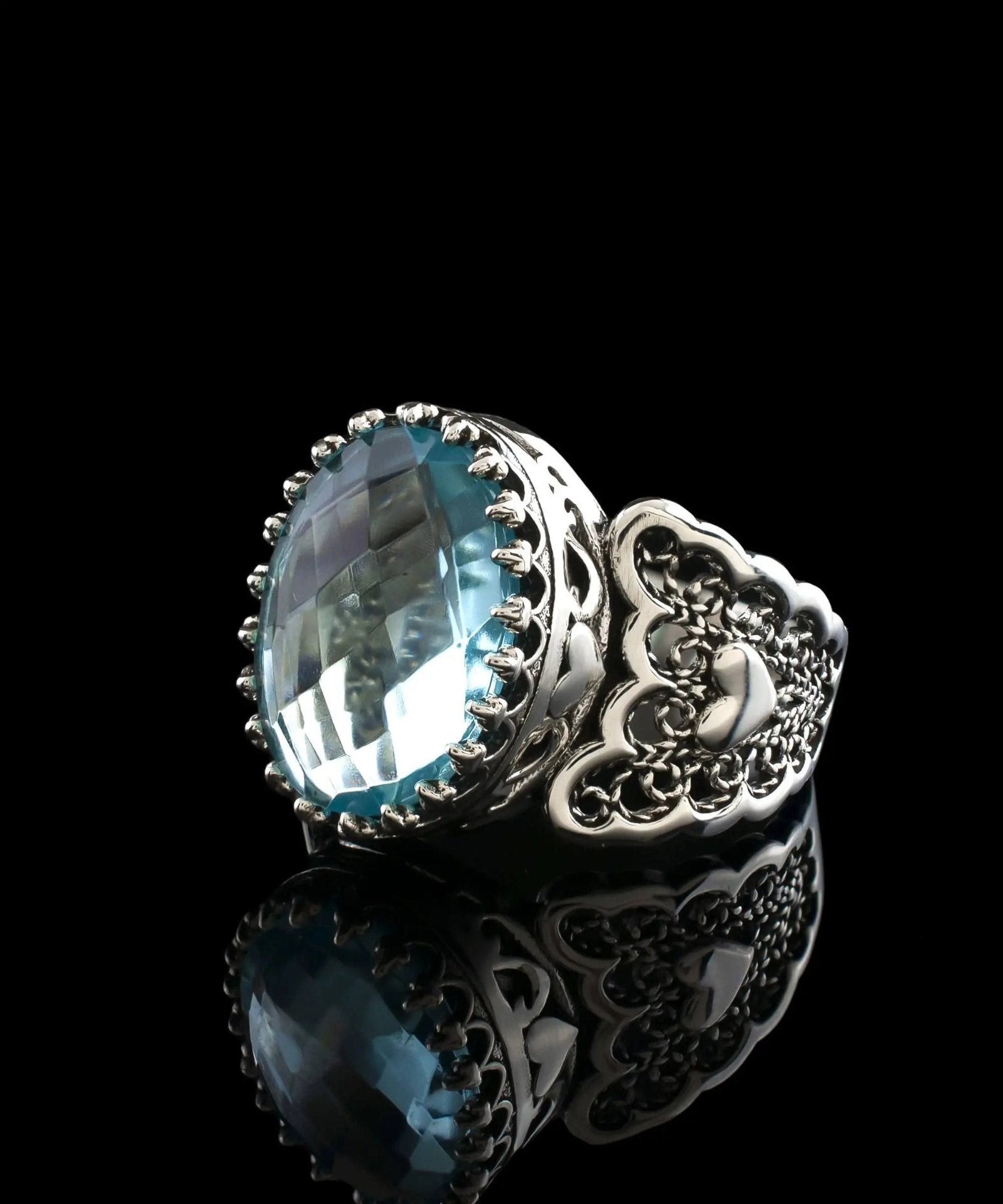 Blue Topaz Gemstone Double Heart Detailed Filigree Art 925 Sterling Silver Women Statement Ring - Drakoi Marketplace