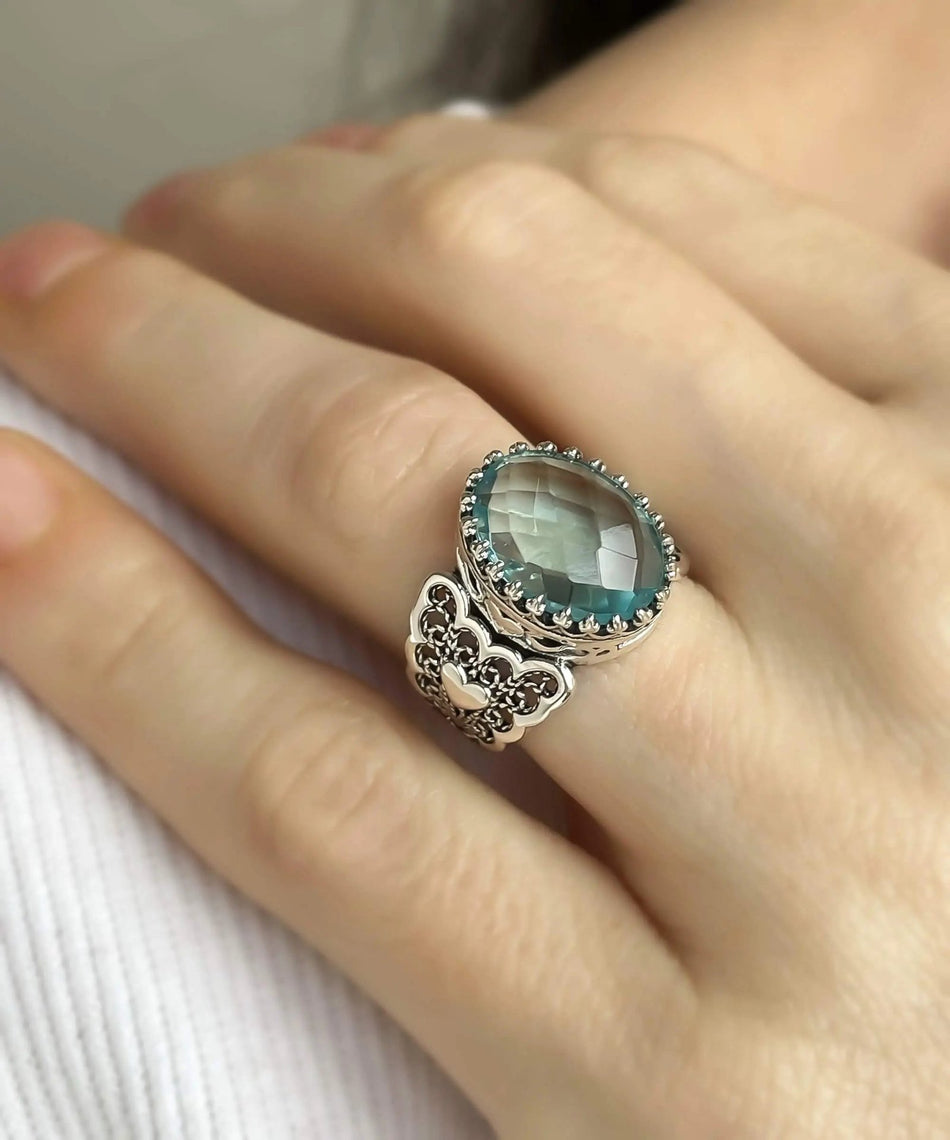 Blue Topaz Gemstone Double Heart Detailed Filigree Art 925 Sterling Silver Women Statement Ring - Drakoi Marketplace