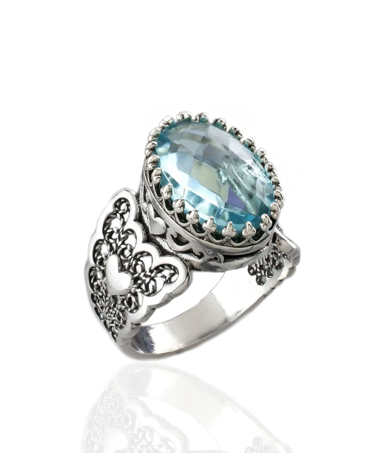 Blue Topaz Gemstone Double Heart Detailed Filigree Art 925 Sterling Silver Women Statement Ring - Drakoi Marketplace