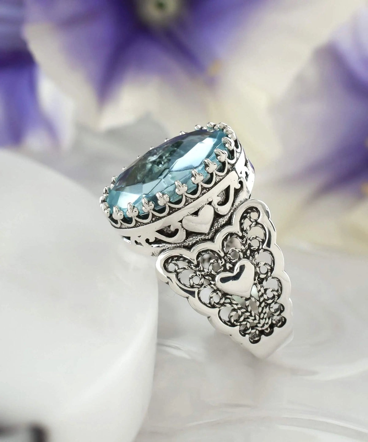 Blue Topaz Gemstone Double Heart Detailed Filigree Art 925 Sterling Silver Women Statement Ring - Drakoi Marketplace