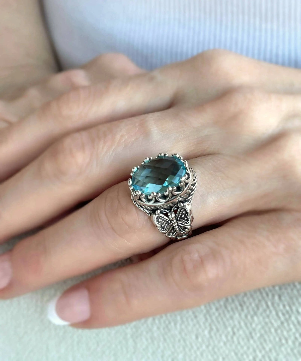 Blue Topaz Gemstone Filigree Art Double Butterfly Detailed Women Silver Statement Ring - Drakoi Marketplace