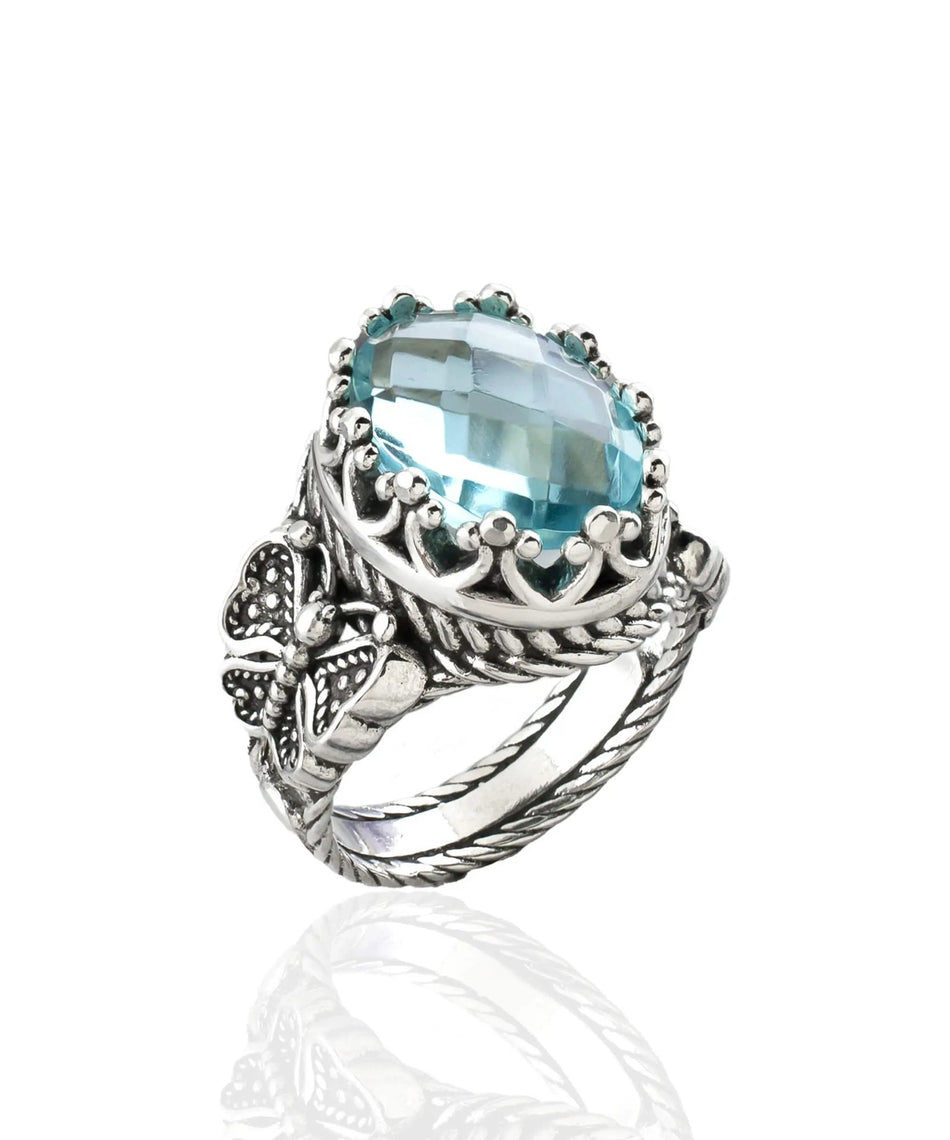 Blue Topaz Gemstone Filigree Art Double Butterfly Detailed Women Silver Statement Ring - Drakoi Marketplace