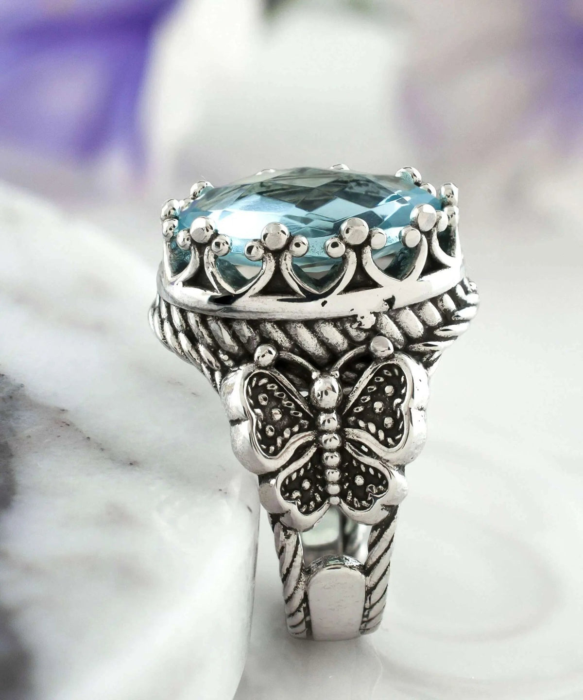 Blue Topaz Gemstone Filigree Art Double Butterfly Detailed Women Silver Statement Ring - Drakoi Marketplace