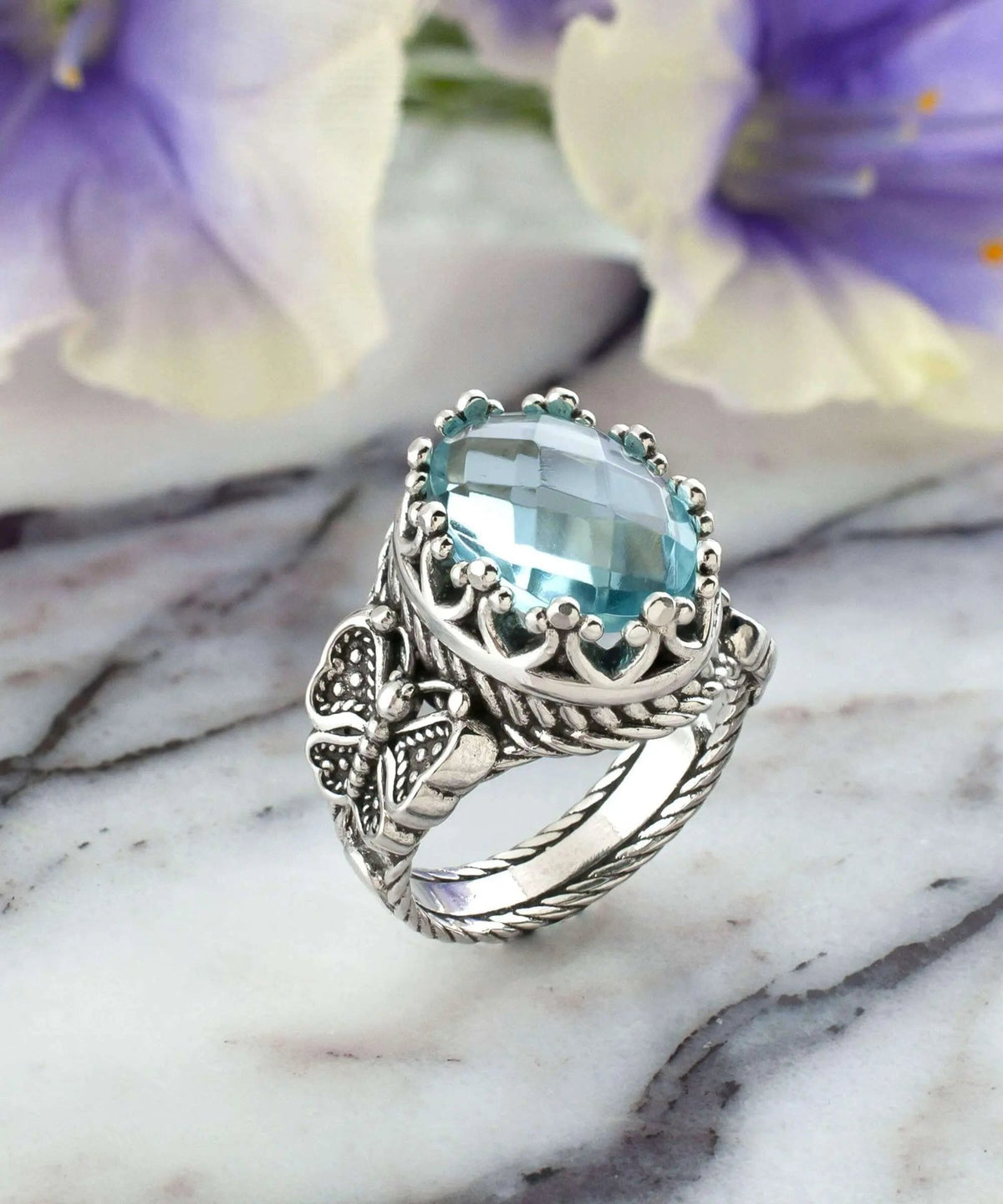 Blue Topaz Gemstone Filigree Art Double Butterfly Detailed Women Silver Statement Ring - Drakoi Marketplace