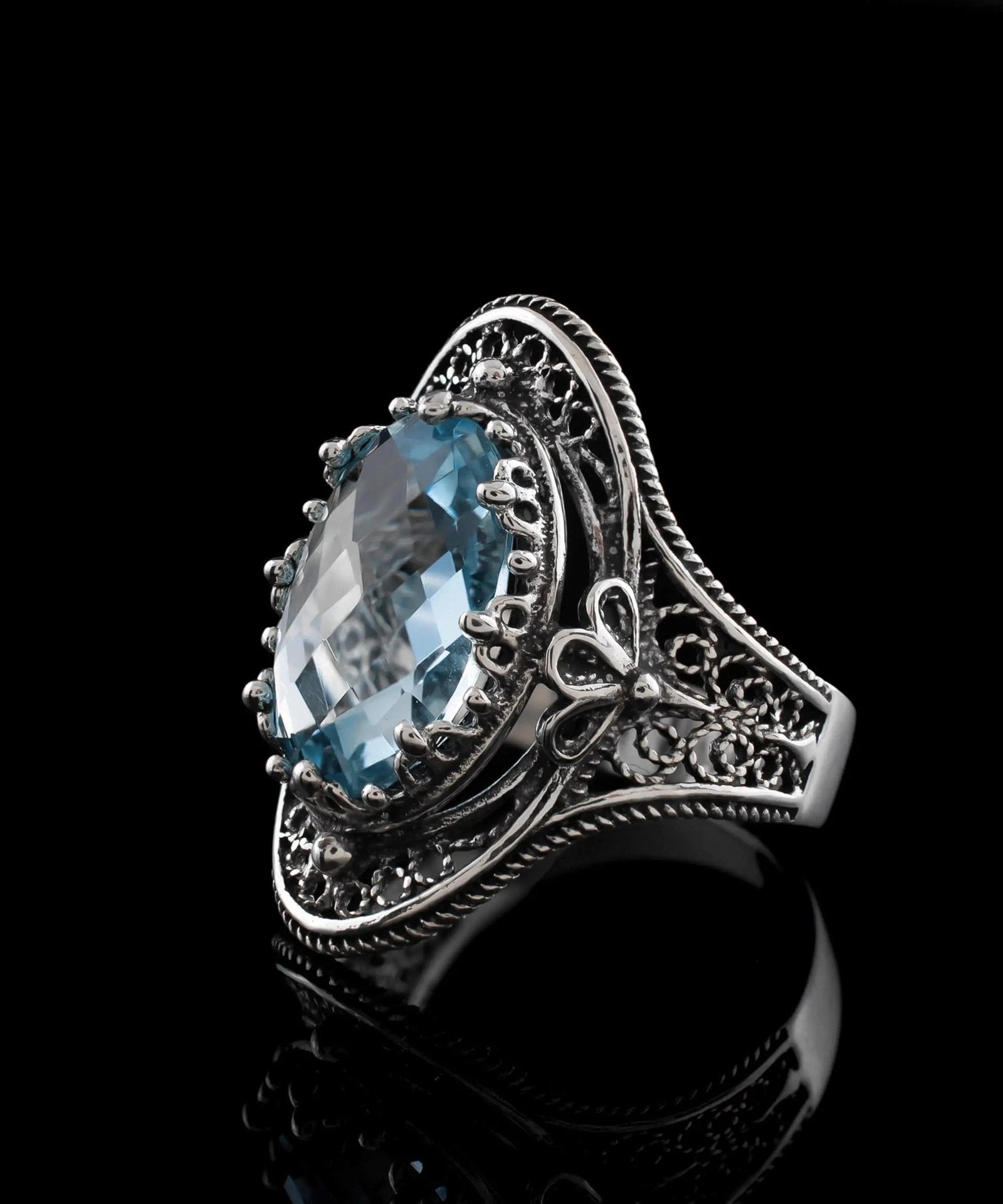 Blue Topaz Gemstone Filigree Art Woman Silver Statement Ring - Drakoi Marketplace