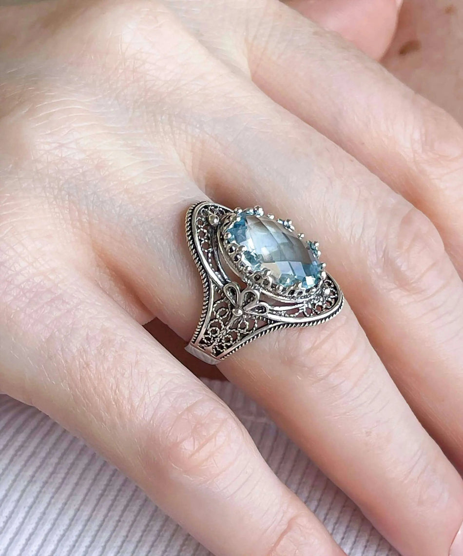 Blue Topaz Gemstone Filigree Art Woman Silver Statement Ring - Drakoi Marketplace