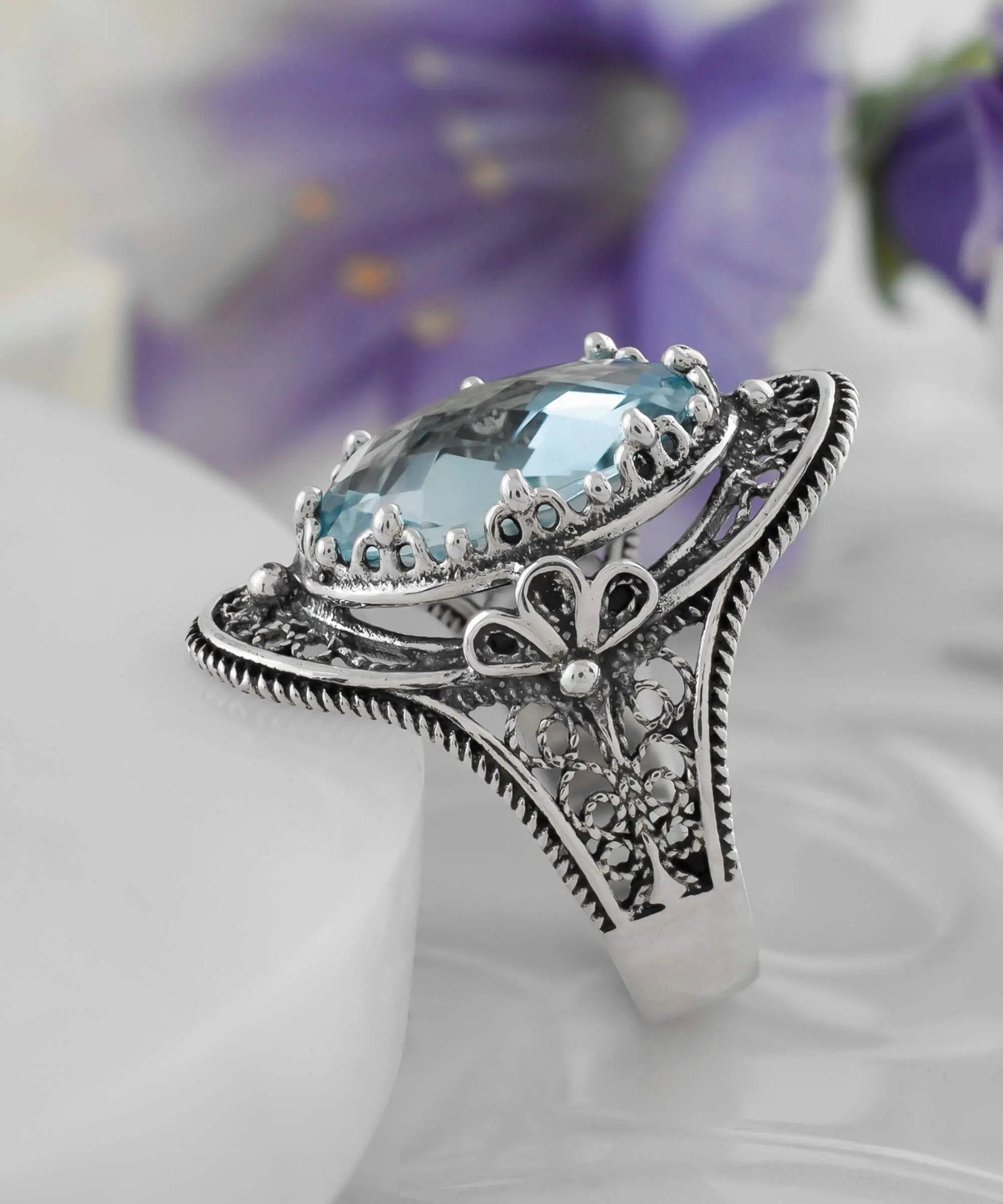 Blue Topaz Gemstone Filigree Art Woman Silver Statement Ring - Drakoi Marketplace