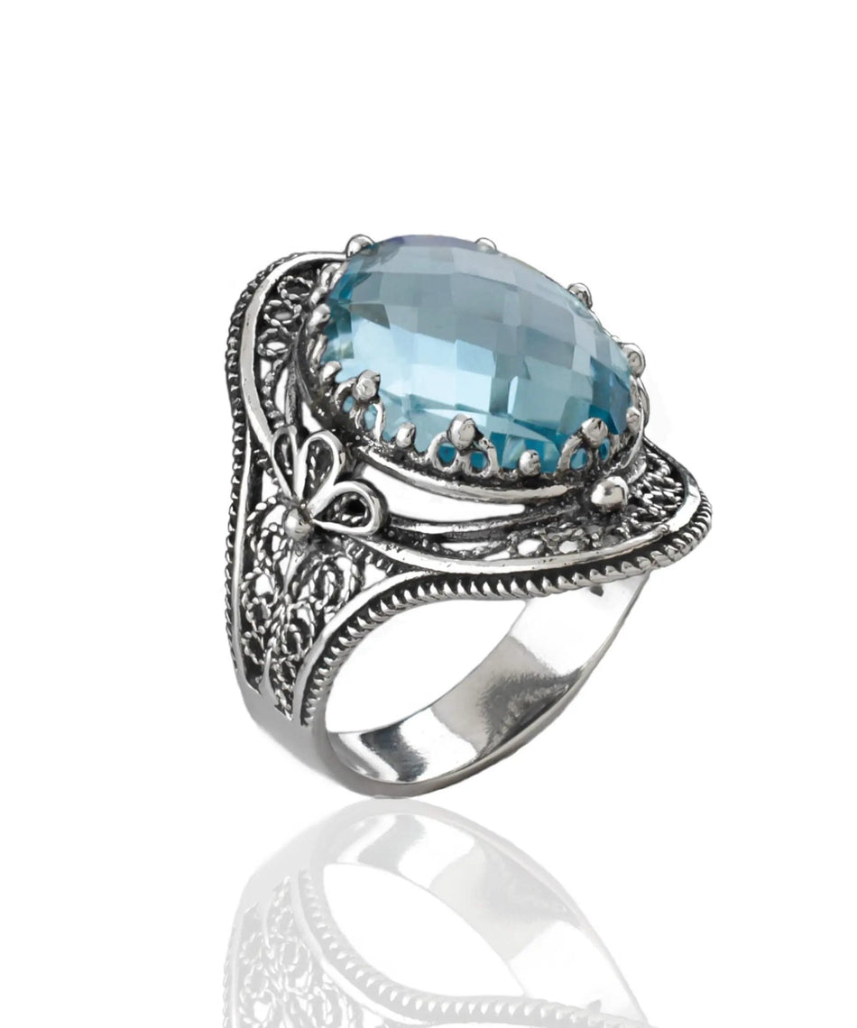 Blue Topaz Gemstone Filigree Art Woman Silver Statement Ring - Drakoi Marketplace