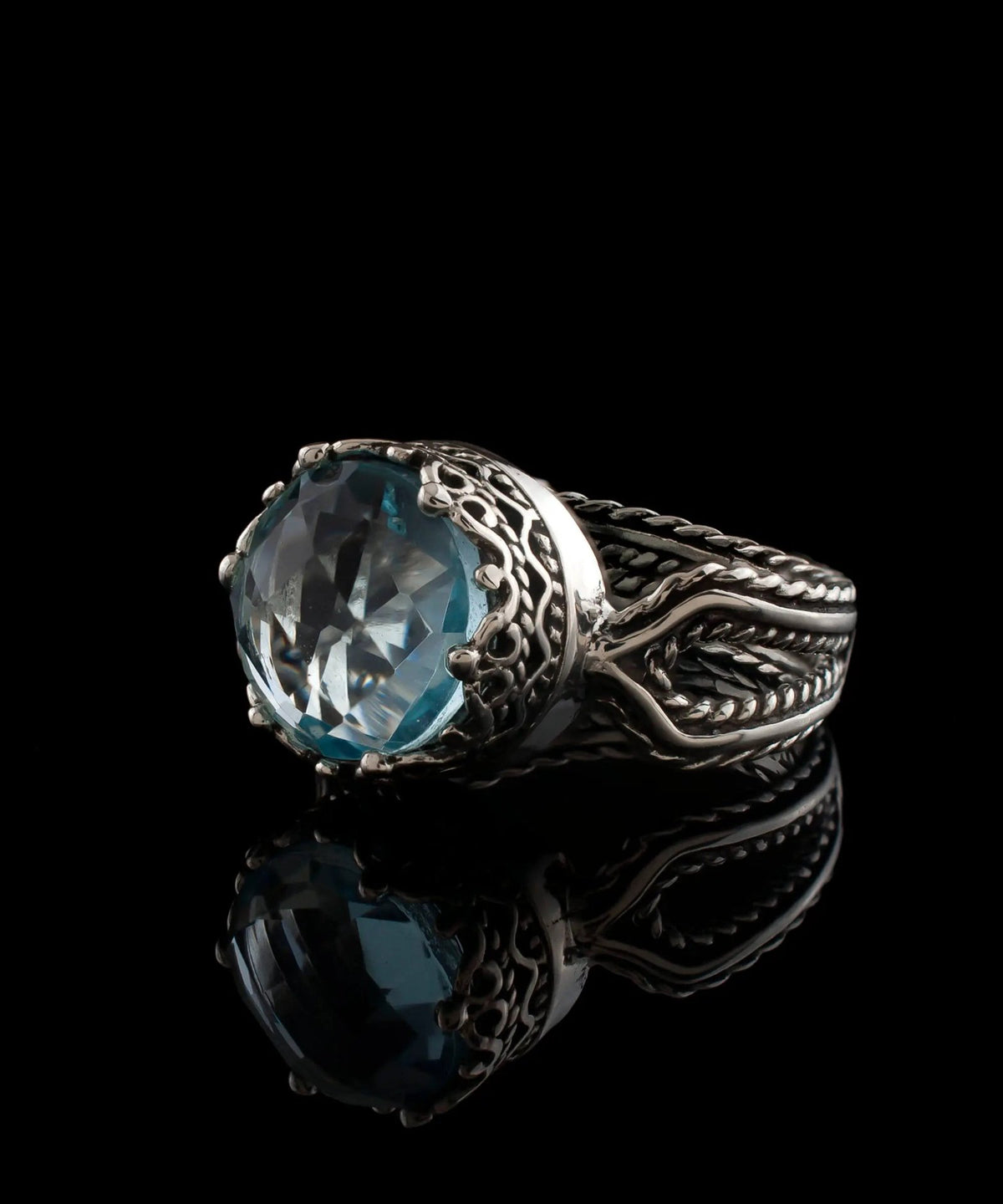 Blue Topaz Gemstone Filigree Art Women Sterling Silver Cocktail Ring - Drakoi Marketplace