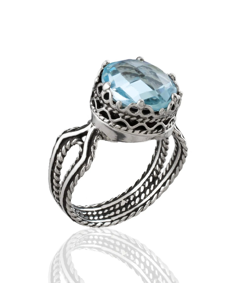 Blue Topaz Gemstone Filigree Art Women Sterling Silver Cocktail Ring - Drakoi Marketplace