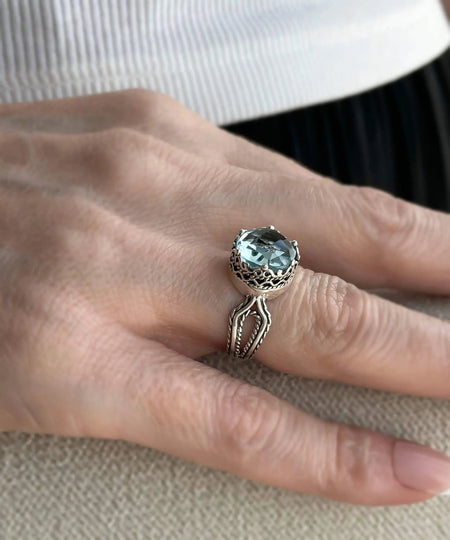 Blue Topaz Gemstone Filigree Art Women Sterling Silver Cocktail Ring - Drakoi Marketplace