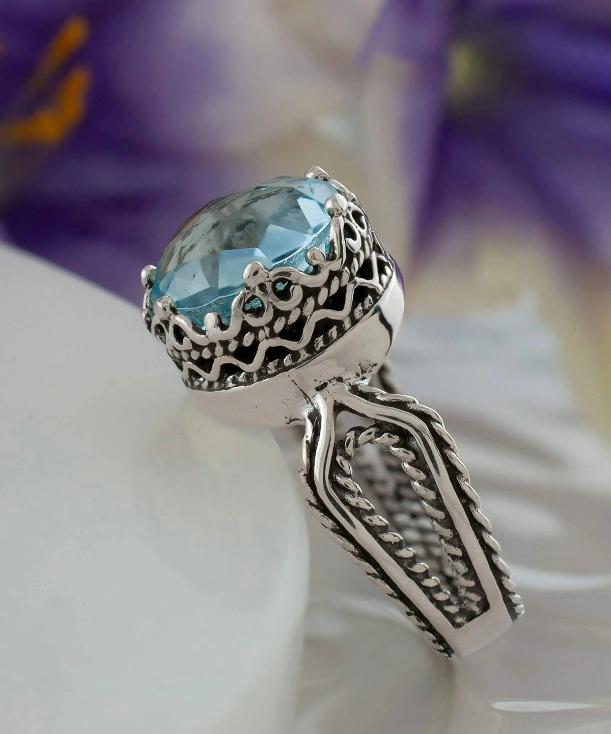 Blue Topaz Gemstone Filigree Art Women Sterling Silver Cocktail Ring - Drakoi Marketplace