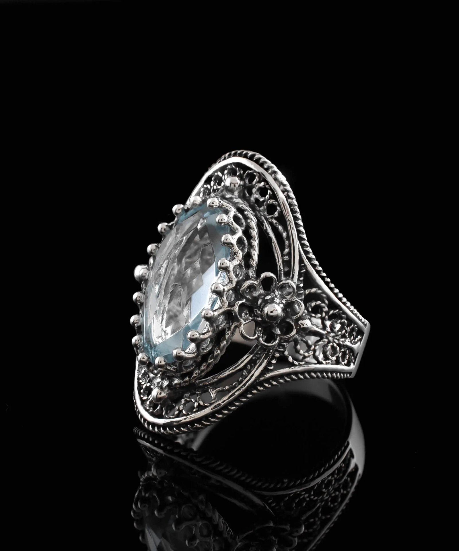 Blue Topaz Gemstone Sterling Silver Women Statement Ring with Daisy Figures - Drakoi Marketplace