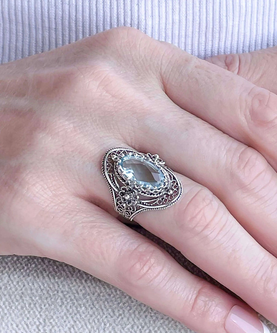 Blue Topaz Gemstone Sterling Silver Women Statement Ring with Daisy Figures - Drakoi Marketplace