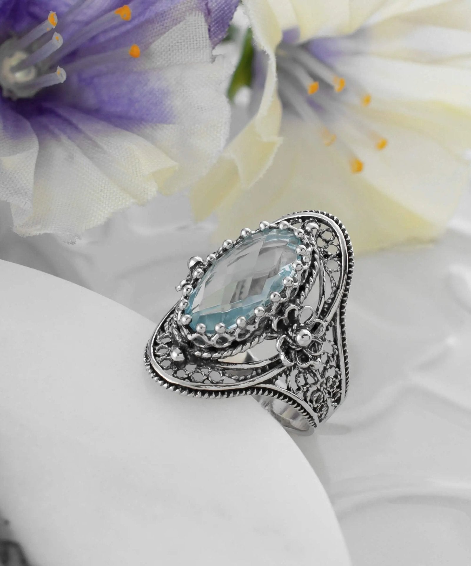 Blue Topaz Gemstone Sterling Silver Women Statement Ring with Daisy Figures - Drakoi Marketplace