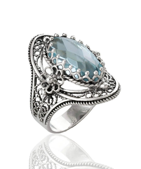 Blue Topaz Gemstone Sterling Silver Women Statement Ring with Daisy Figures - Drakoi Marketplace