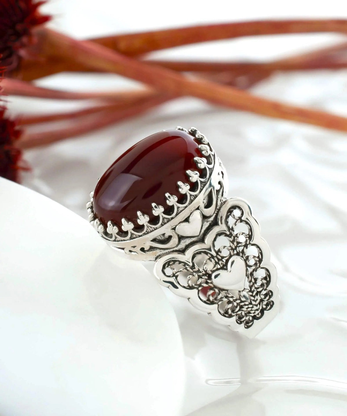 Carnelian Gemstone Double Heart Detailed Filigree Art 925 Sterling Silver Women Statement Ring - Drakoi Marketplace