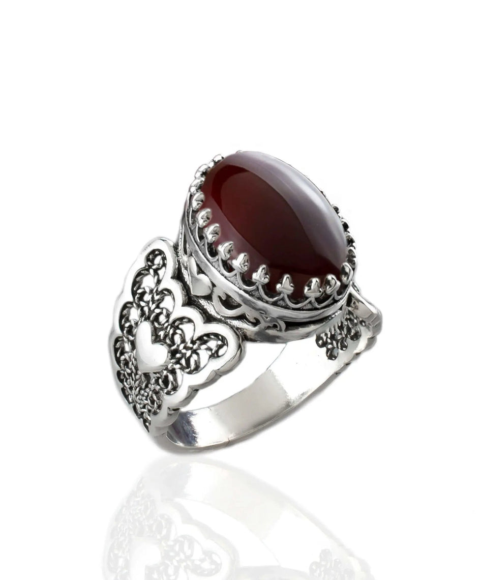 Carnelian Gemstone Double Heart Detailed Filigree Art 925 Sterling Silver Women Statement Ring - Drakoi Marketplace